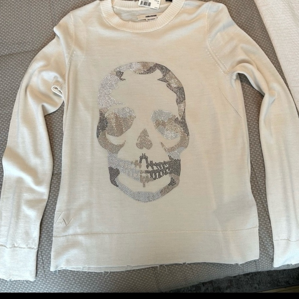 Zadig &Voltaire Miss Camo Skull Strass Sweater Womens XS Cream Long Sleeve New